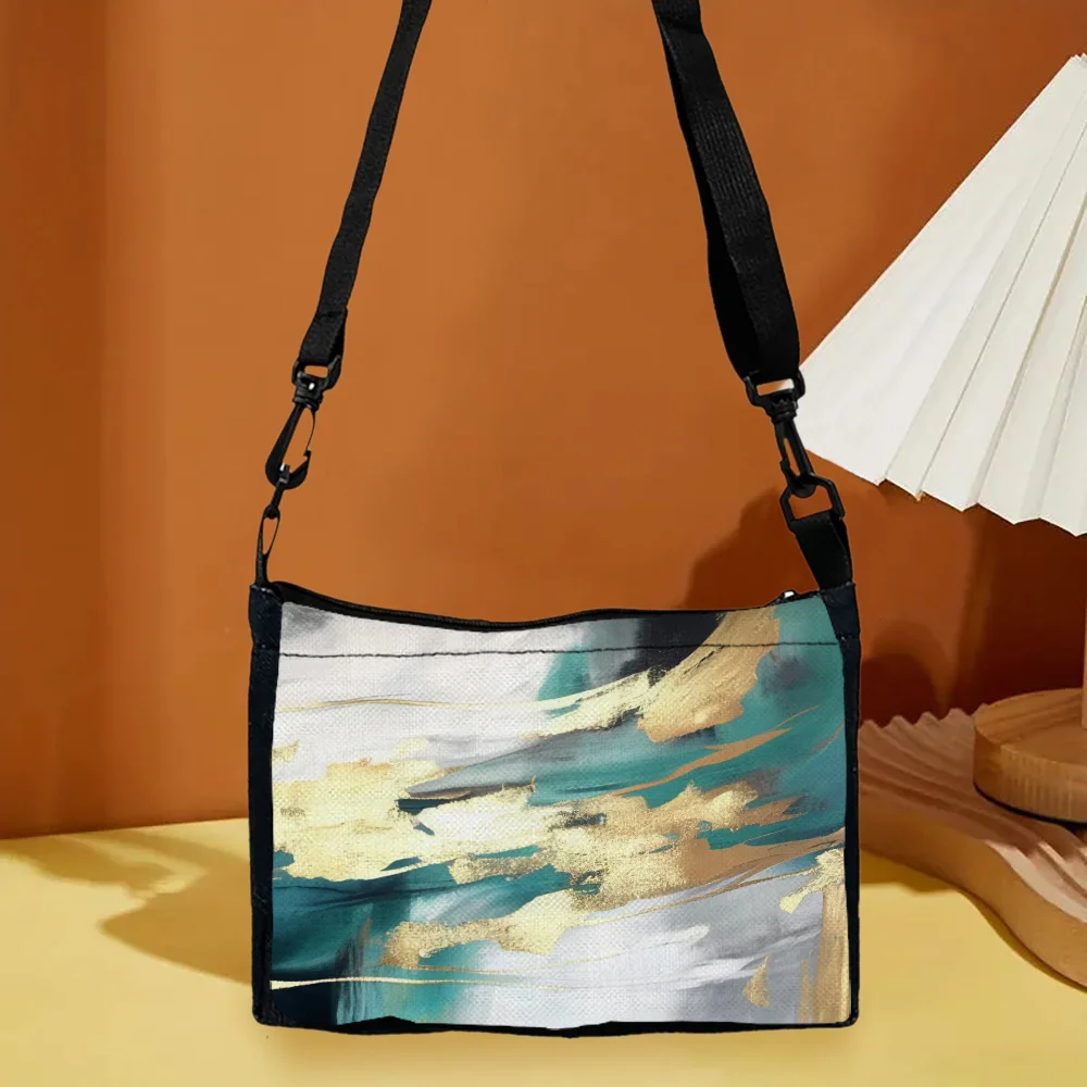 

Painted Gold Leaf Blue Green One-shoulder Crossbody Bag with Zipper, Hand Washable, Suitable for Going Out and Gifts