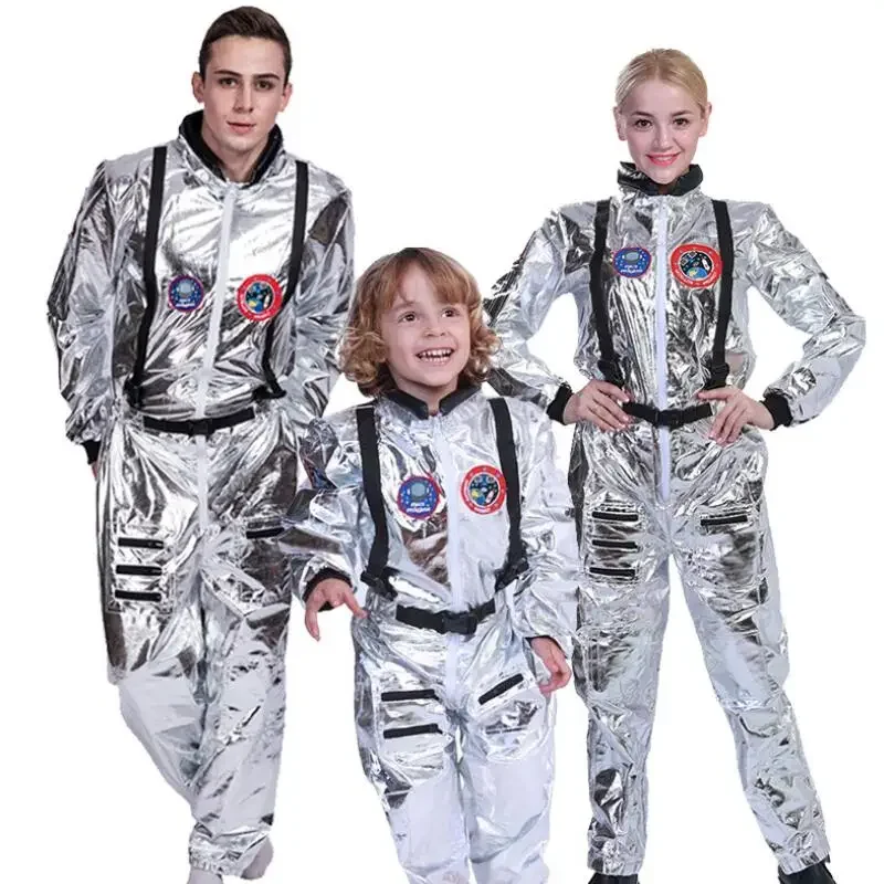 Silberner Raumanzug für Jungen, Männer und Frauen, Erwachsene, Übergröße, Astronautenkostüm, Pilotenkostüme, Halloween-Kostüm, einteiliger Overall