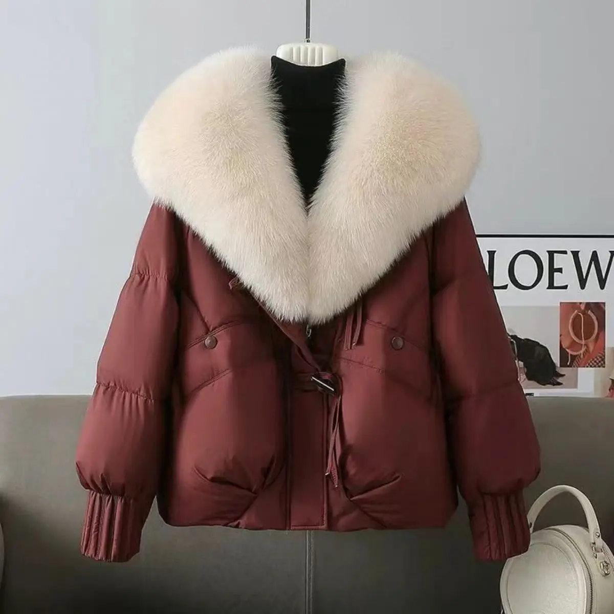 

Thiened Warm Cotton Jaet Women's Autumn Winter New Faion Design Loose Bread Outerwear Large Fur Collar Casual Sle