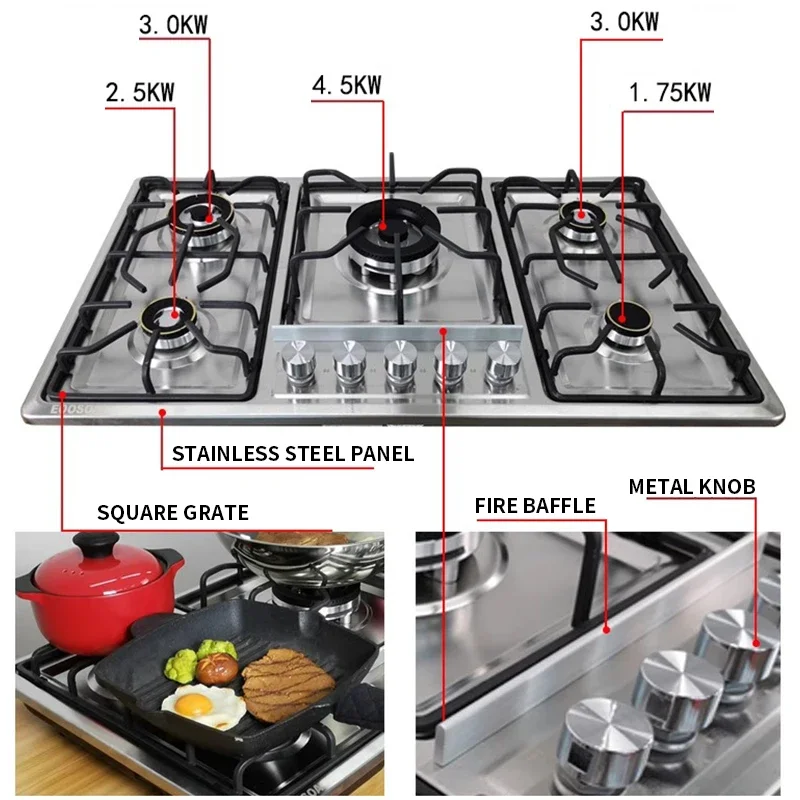 Kompor Gas Lima Lubang Baja Tahan Karat Bawaan 5 Pembakar Kompor LPG/NG Kompor Gas Konvertibel Kompor Bahan Bakar Ganda
