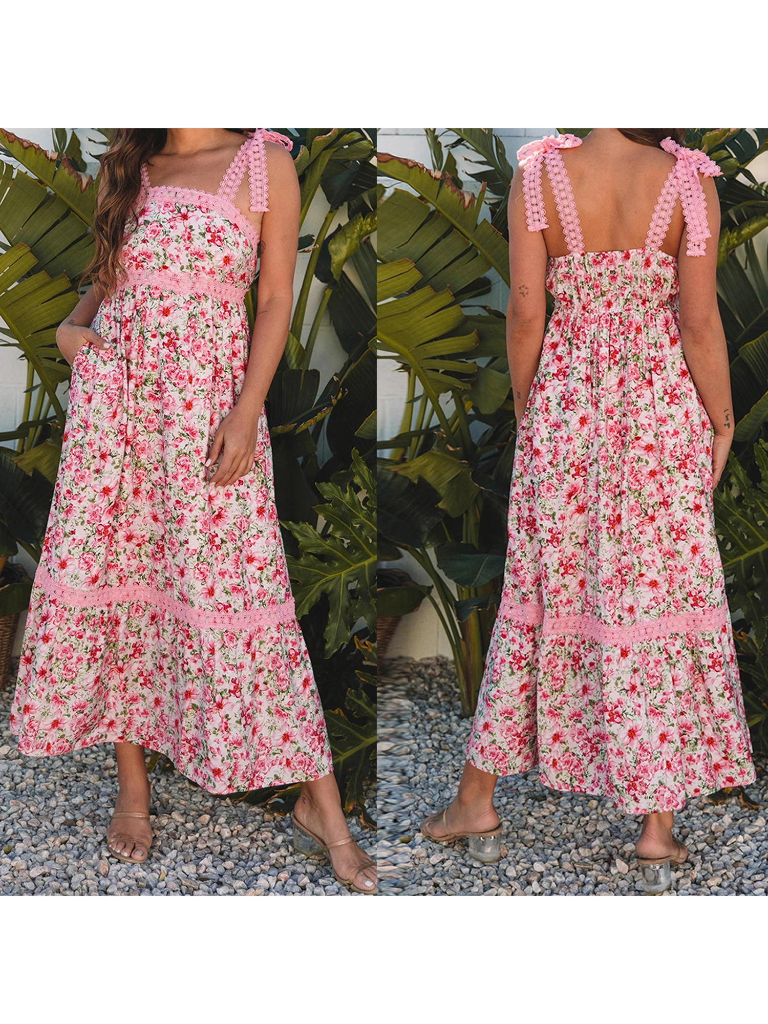 Elegante vestido de maternidad con detalles de encaje con estampado floral, hombros con lazo, diseño sin espalda, volantes y bolsillos escalonados