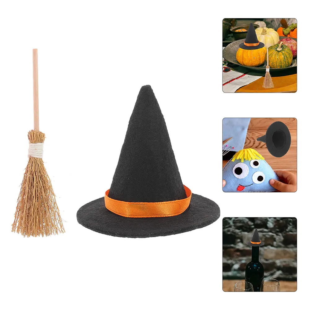 

2 Sets Halloween Decoration Witch Hat Small Broom Mini Decorations Party Hats Lights