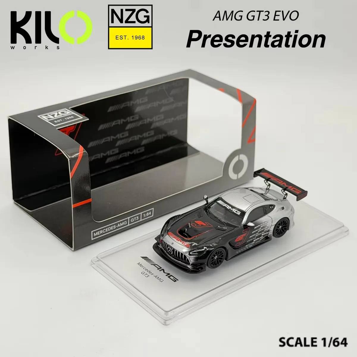 Op voorraad: Kilo Works 1:64 complete raceautocollectie, Lotus Emira GT4. # 75/ # 88 & Audi R8 LMS GT3 Evo II # 1 AMG GT3 modelauto van gegoten metaal