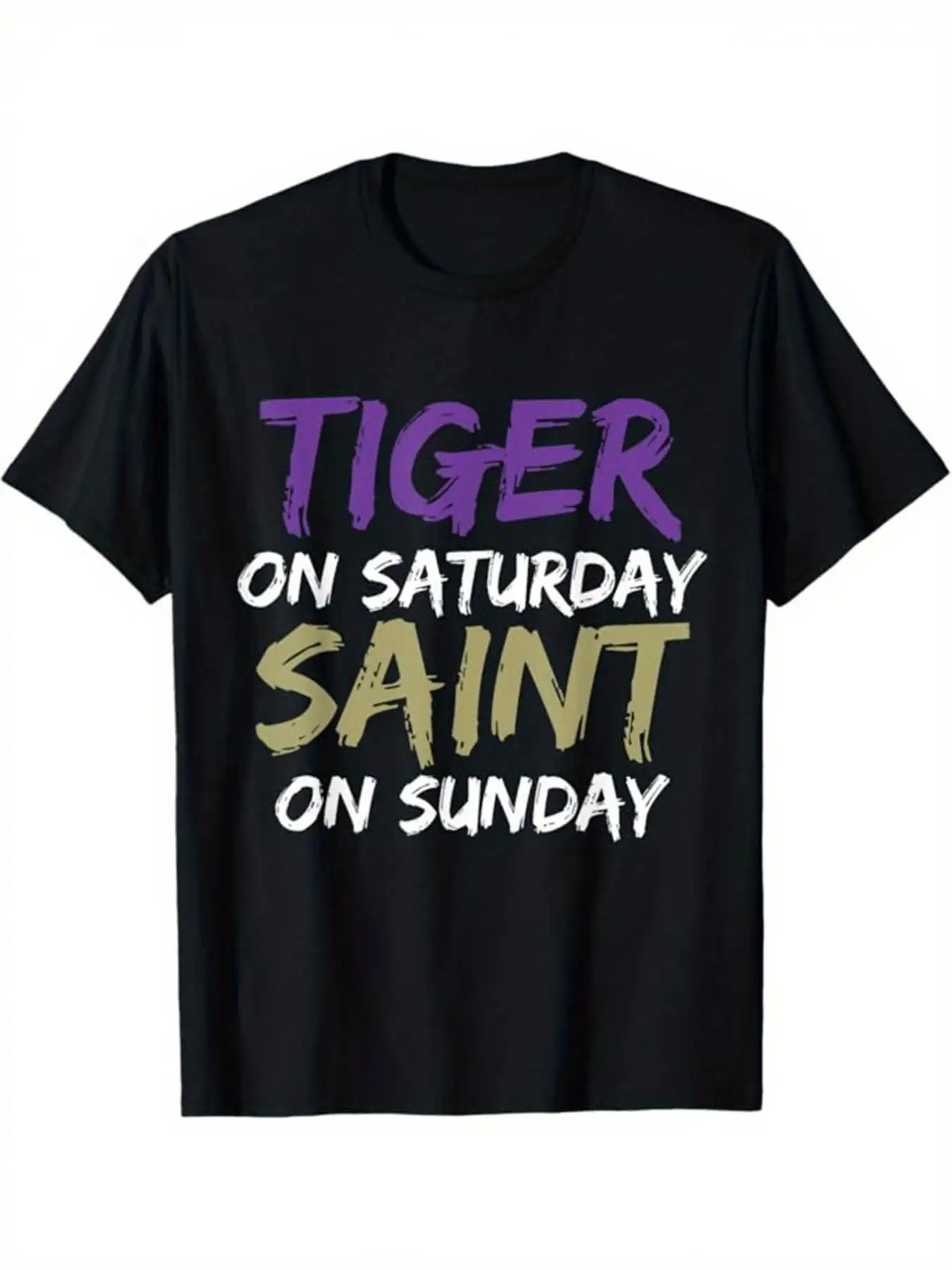 

T-Shirt - 100% Cotton, Casual Short-Sleeve Crew Neck, Black with Purple and Yellow Stripes, ~Summer Outdoor Activities