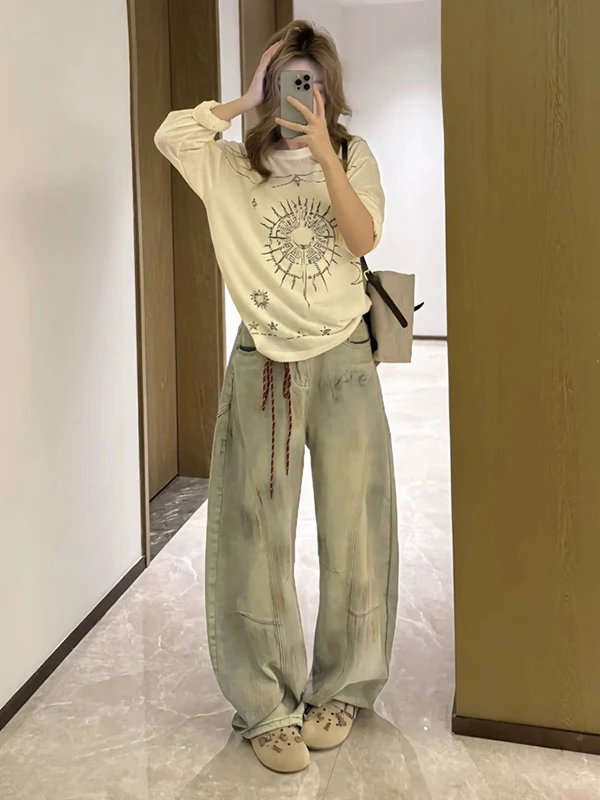 

Женские джинсы-брюки в американском ретро-стиле, с эффектом выцветания, свободного кроя, с высокой талией, широкими штанинами, осенний дизайн, повседневные брюки