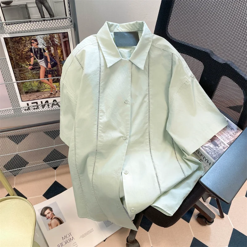 

EBAIHUI Cuban Shirt for Women Japan Style Light Green Blouse Ladies 2023SS Hong Kong Style Design Sense Short Sleeve Top Blusas