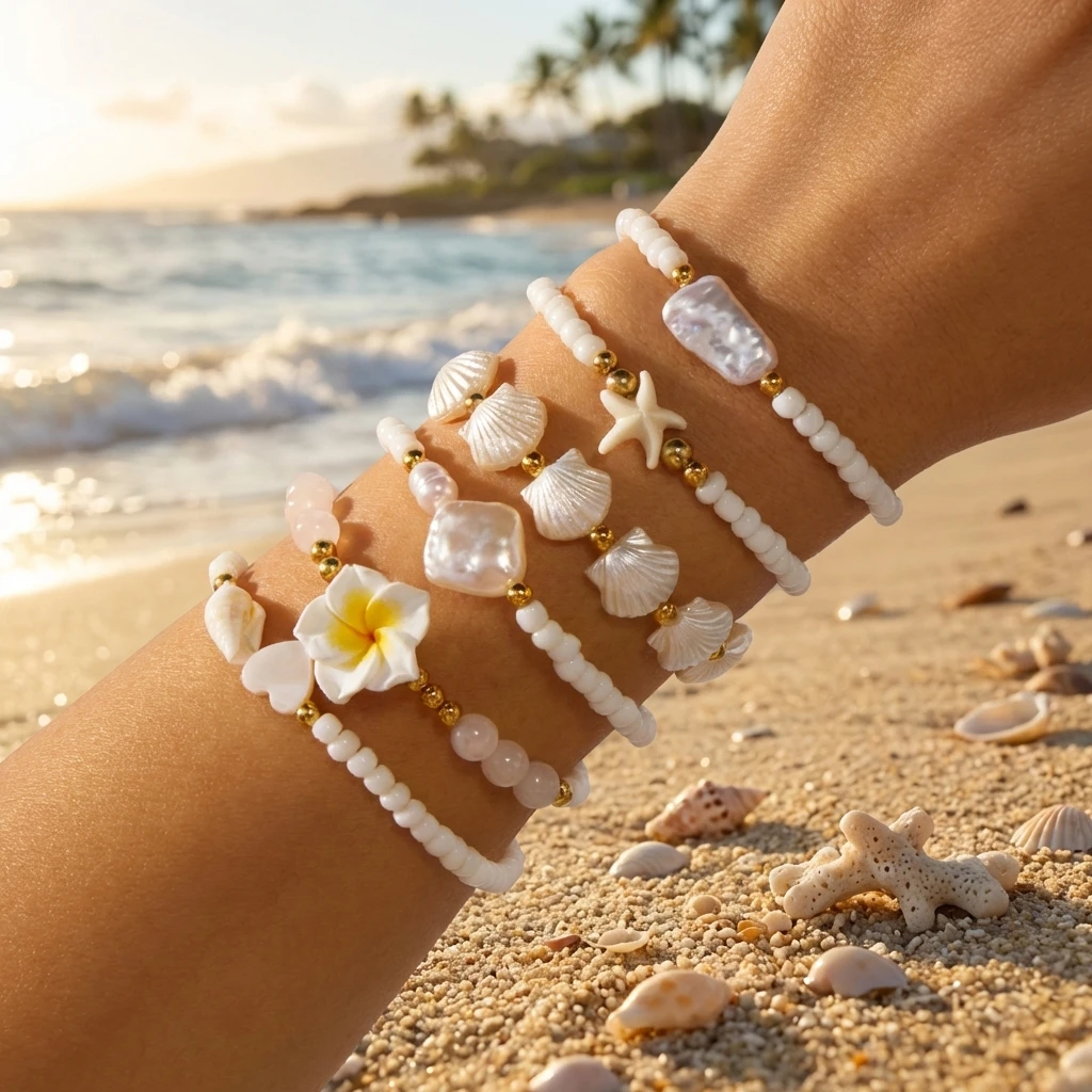 Elegant Shell Flower Imitation Pearl Chain Bracelet Set for Women Stackable Plumeria Floral Beads Bracelet Party Jewelry Gift