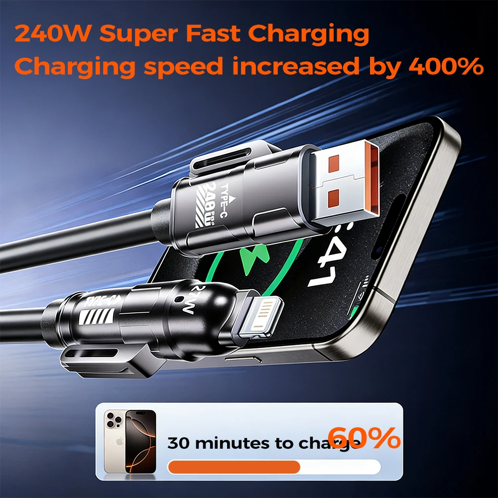 4-in-1 Spring Car Data Cable Fast Charging 240W/100W/27W/12W For iPhone Samsung Huawei Xiaomi iPad USB C Retractable Charge Cord image 5