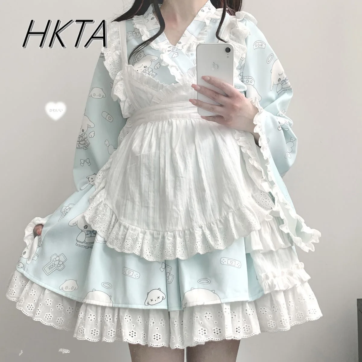 Lolita Girls Lace Cute Print Dress Autumn New Japanese V-neck Horn Long-sleeve Shirt Dress Short Skirt Apron Three-piece Sets