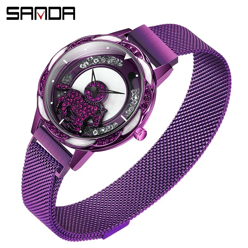 SANDA Luxury Quartz Watch Women Creative Design Carousel 360 Degree Rotation Dail Waterproof Ladie Watch Gift Relogio Feminino