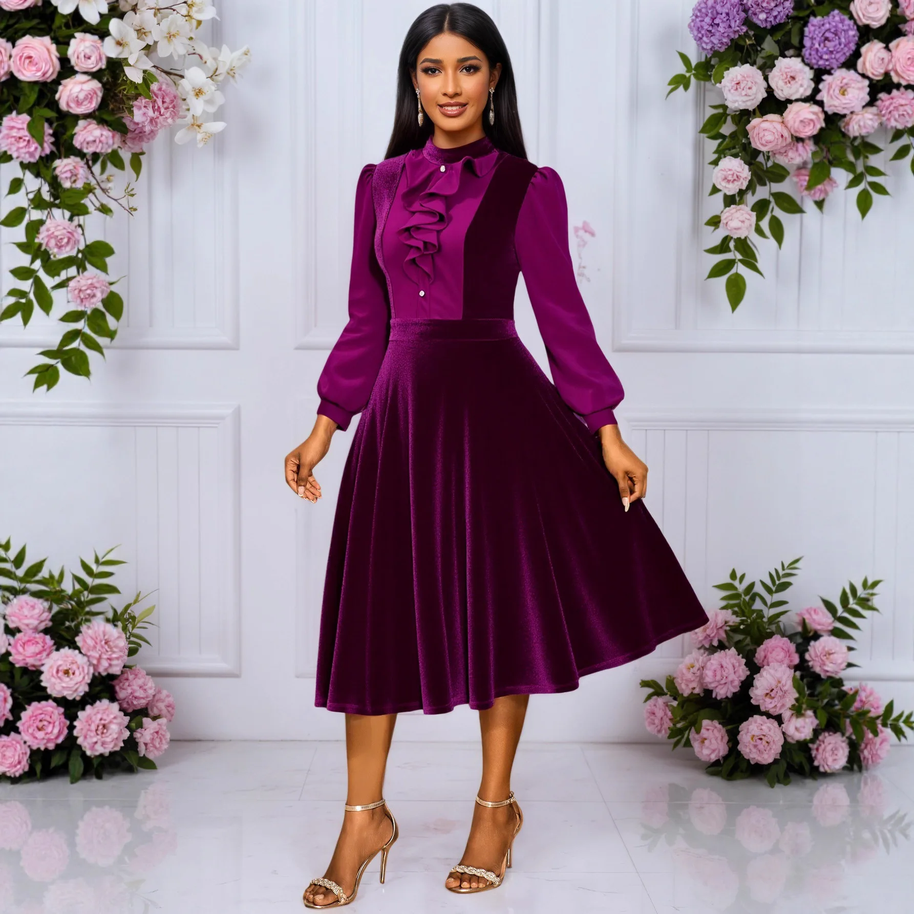 

Фиолетовое бархатное элегантное платье для банкетной вечеринки с рюшами по краям, длинными рукавами и талией, платье трапециевидной формы, женское элегантное платье