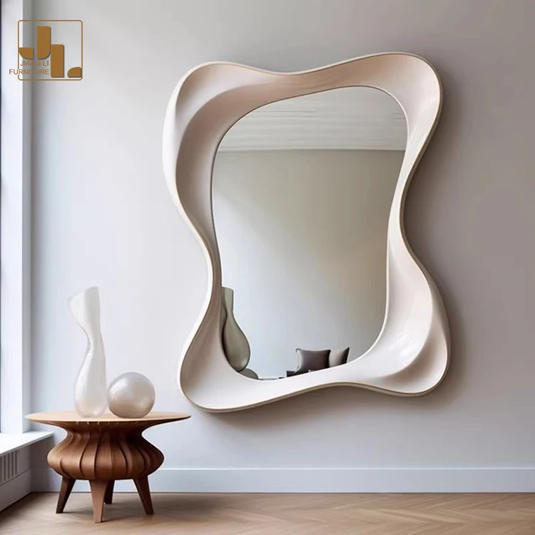 Modern Simple Villa Hotel Creamy White Decorative Mirror Bedroom Bathroom Wood Frame Irregular Shape Wall Mirror Furniture