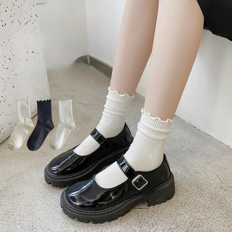 5/10 par Wysokiej jakości skarpetki damskie Ruffle Cotton Middle Tube Sock Ankle Short Socks Fashion Breathable Black White Funny Sock