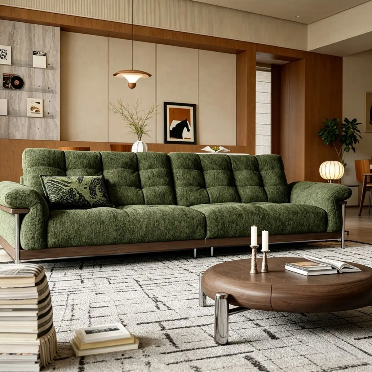Cedar dark green fabric walnut solid wood frame living room sofa