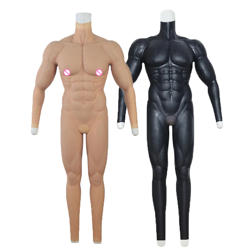 Black Color Muscle Bodysuit Silicone Male Fake Chest Artificial Simulation Muscles Crossdressing Clothes Full Body Suit Cosplay