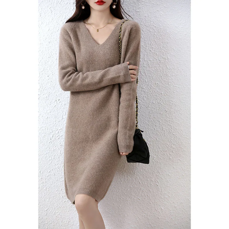 Tailor Sheep 100% Merino Wool Knitted Sweater Women Dress Winter/Autumn V-Neck Female Knee Length Dresses Long Thicken Jumper