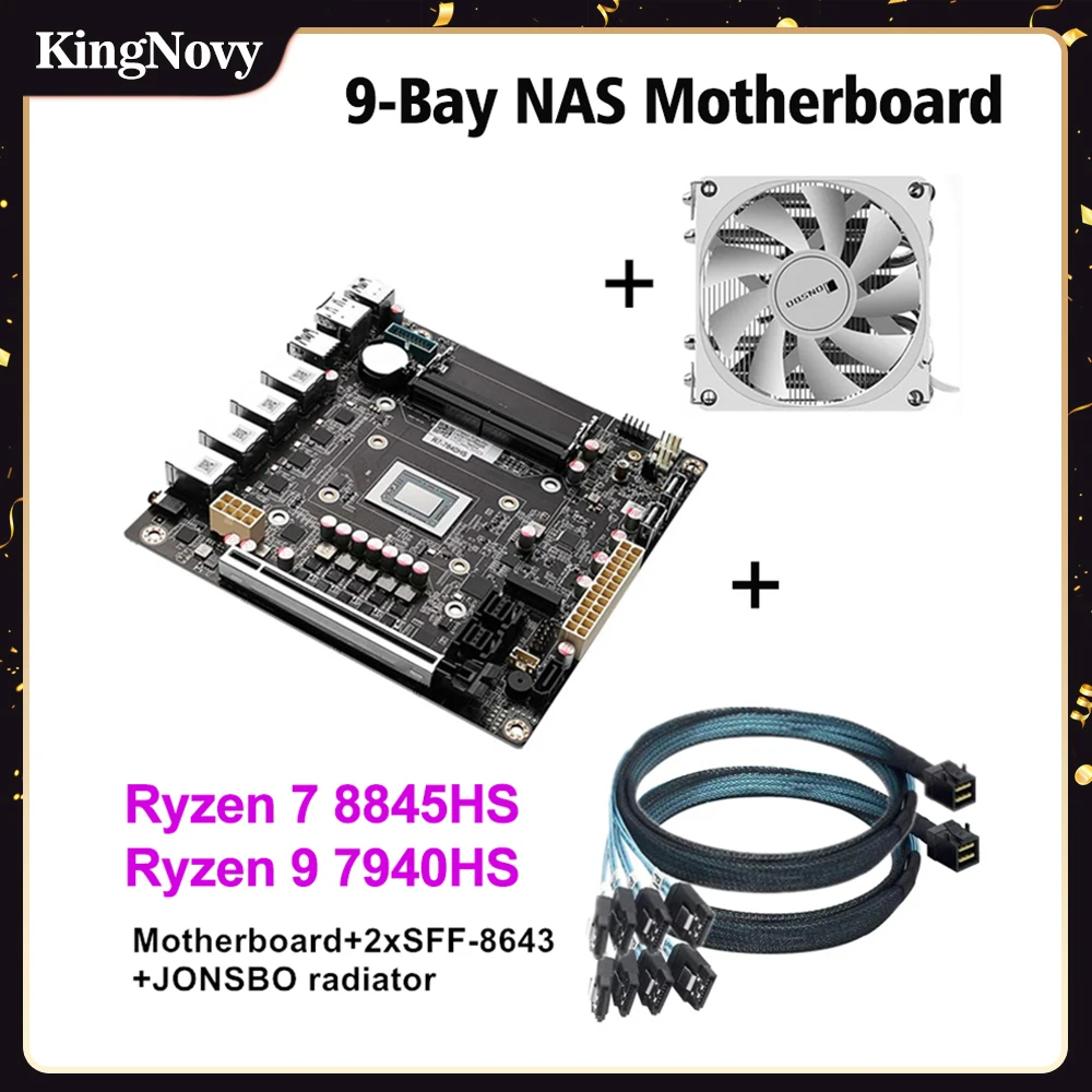 9-Bay NAS Motherboard AMD Ryzen 7 8845HS R9 7940HS USB4 4x i226-V 2.5G LAN 9xSATA3.0 2xM.2 NVMe 2xDDR5 17X17 ITX Firewall Board