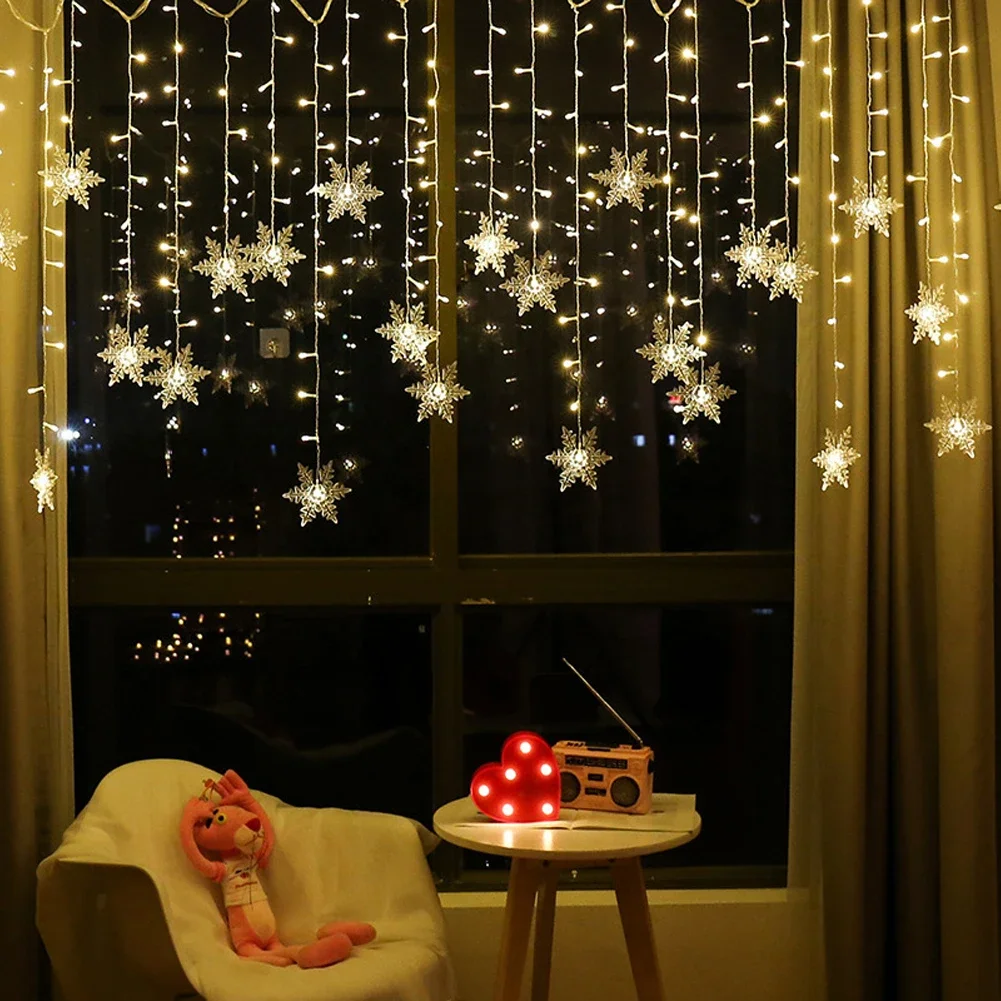 Guirnalda de luces navideñas LED, guirnalda de cortina con copos de nieve, impermeable, para decoración navideña, fiesta, 2024