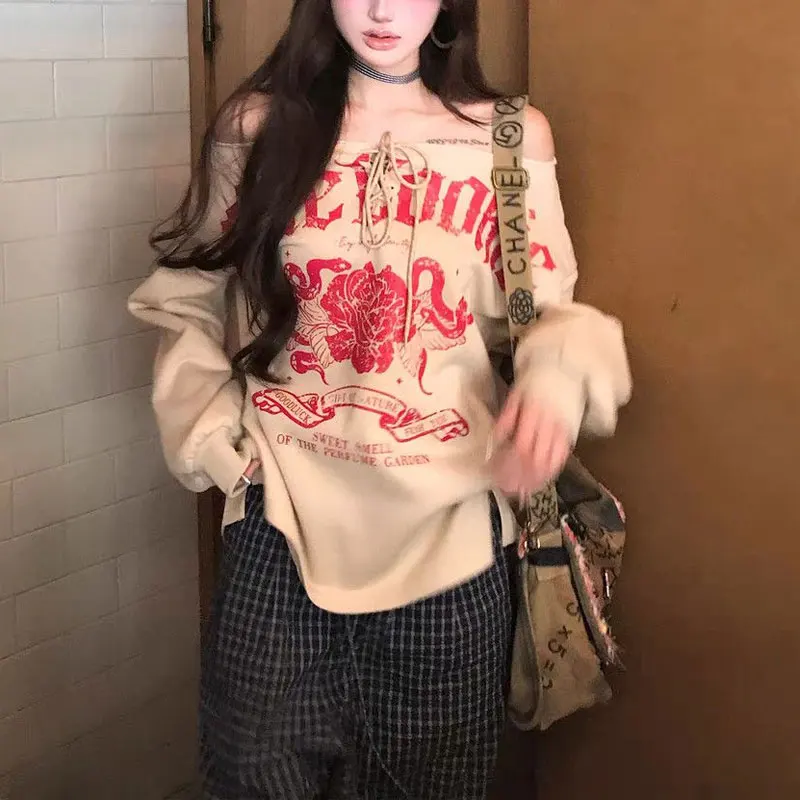 Autumn American Retro Letter Sweatshirts Skew Collar Women's Clothing Printed Stylish Bandage Off Shoulder Casual Loose Hoodies