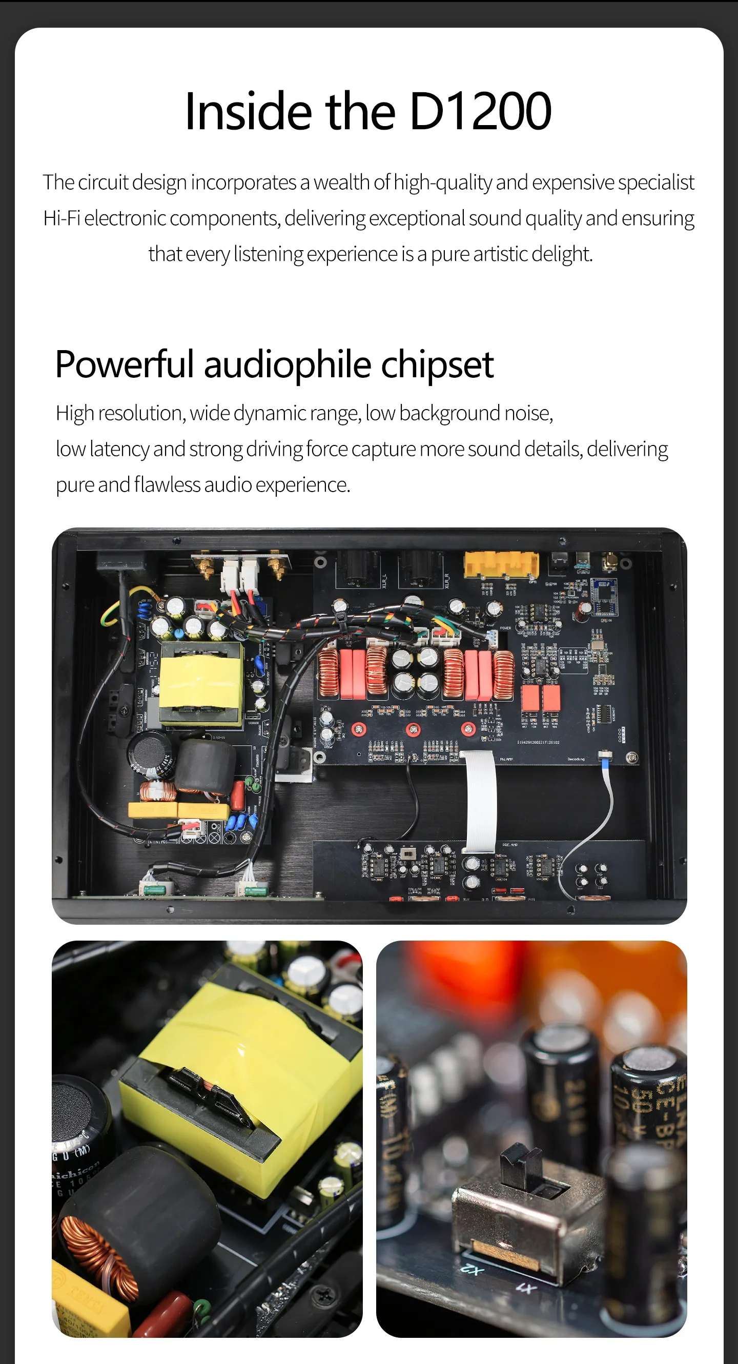 YJCO D1200 Digitaler Leistungsverstärker mit Dual TPA3255 Chip, ES9038Q2M DAC, Bluetooth 5.4, LDAC, XLR Balanced, USB, HIFI Stereo-Verstärker, 600W*2 MAX – Detail 12