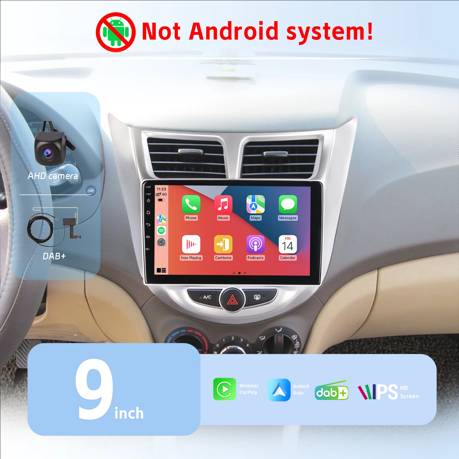 

Car Radio Wireless Carplay Android Auto for Modern Rena Ruiyi AHD Rear View Camera DAB+ BT 9" HD IPS Touch Screen, Silver Color