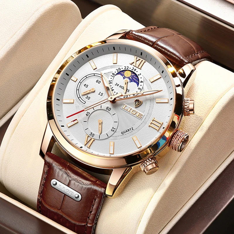 LIGE Fashion Brown Leather Watches For Men Casual Business Men Quartz Watch Waterproof Luminous 24 Hour Moon Phase Chronograph