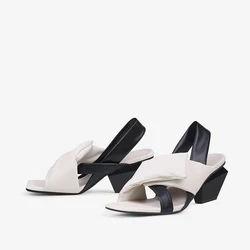 Elegant cross stretch design peep toe 6cm high geometric heels black white summer cozy women sandals HL519 MUYISEXI