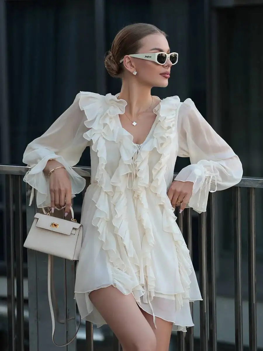 

Bornladies Spring New Chiffon Dress Women's Long Lantern Sleeve Deep V Neck Ruffle Tie Waist Short Skirt Elegant French Style