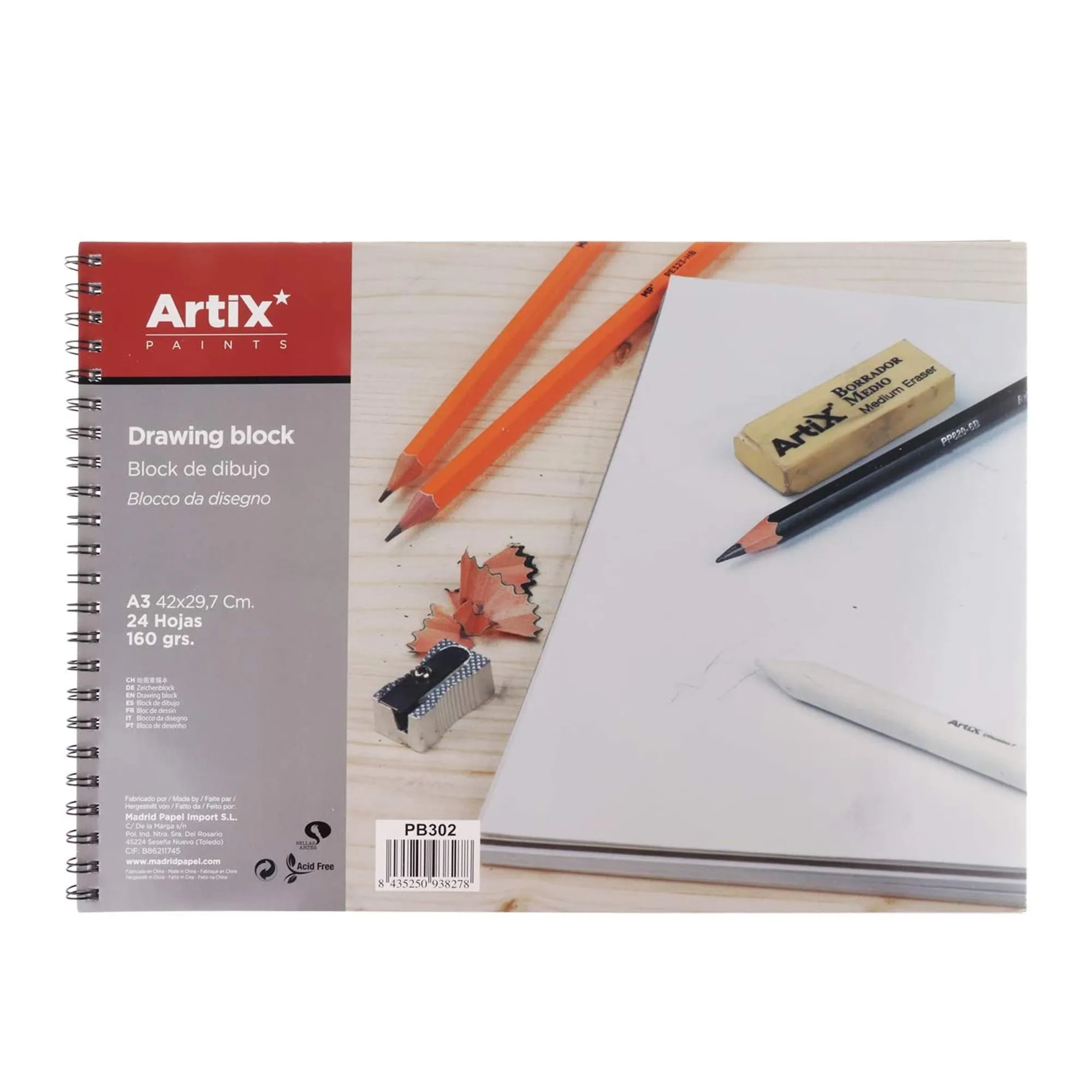 ARTIX | Sketchpad, A3, A4, 33x23cm, 24 sheets, 160 gr, sketchpad with spiral, 21x29,7cm, 29,7x42 cm, ideal for drawing with charcoal, pencil, marker, waxes or paints