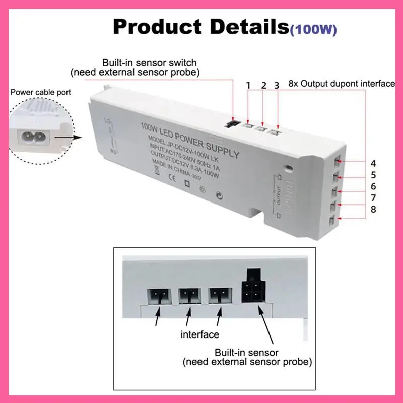 

ABNM AC220V To DC 12V Lighting Transformer LED Cabinet Light Strip Light Power Supply Port Driver Durable 100W EU Plug