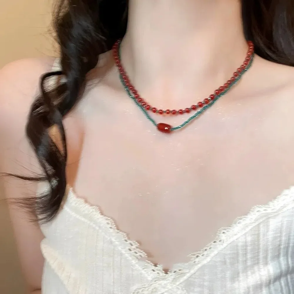 Retro Colorful Cubes Beaded Zinc Alloy Red Blue Contrast Neck Chain Beads Strand Chokers For Women