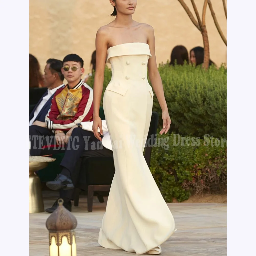 

Ivory Jersey Prom Dresses Chic Buttons Strapless Sleeveless Mermaid Dress Side Slit Floor Length Evening Gown Customized
