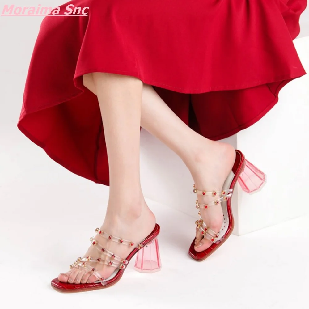 

2022 Summer Personality PVC Women's Sandals Fashion Crystal Rivets Square Toe High Heel Outer Sheepskin Stitching Leather Shoes