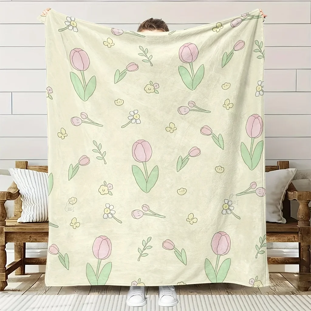 1pc Floral Blanket - Soft Pastel Floral Print Pink Tulips, Green Leaves, Yellow Flowers - Lightweight All-Season Throw for Cou