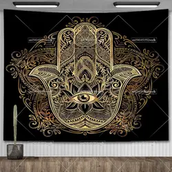 Black Gold Hamsa Hand Tapestry Hippie Bohemian Mandala Evil Eye Wall Tapestry Aesthetic Bedroom Decoration Yoga Meditation