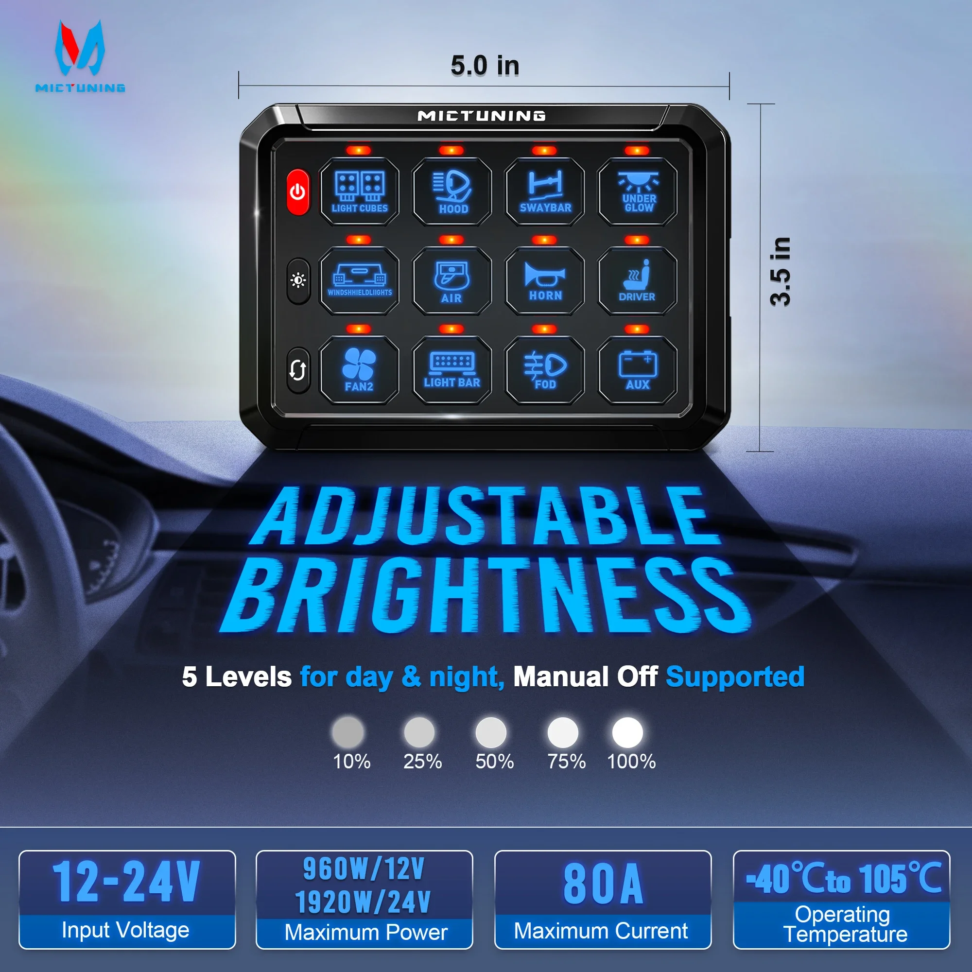 

MICTUNING New P1s Blue 12 Gang Switch Panel Circuit Control Relay Box Control LED On-Off Adjustable Brightness for Car Truck