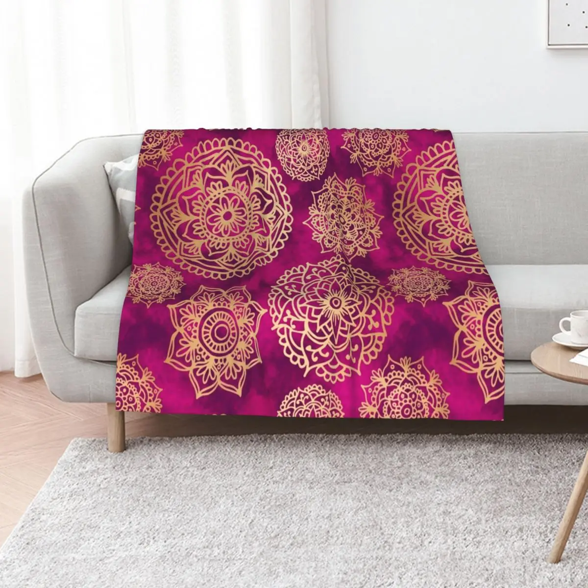 

Pink and Gold Mandala Pattern Throw Blanket anime Fashion Sofas wednesday for sofa Blankets