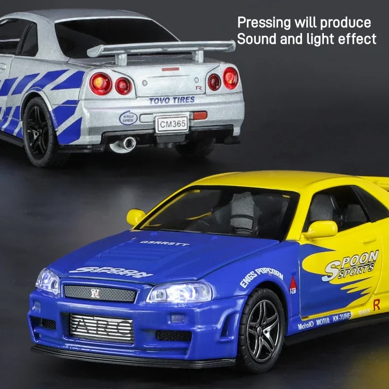 1:32 Nissan Ares Skyline GTR R34 Alloy Sport Car Model Fast＆Furious Diecast Metal Racing Car Sound＆Light Collection Kid Toy Gift