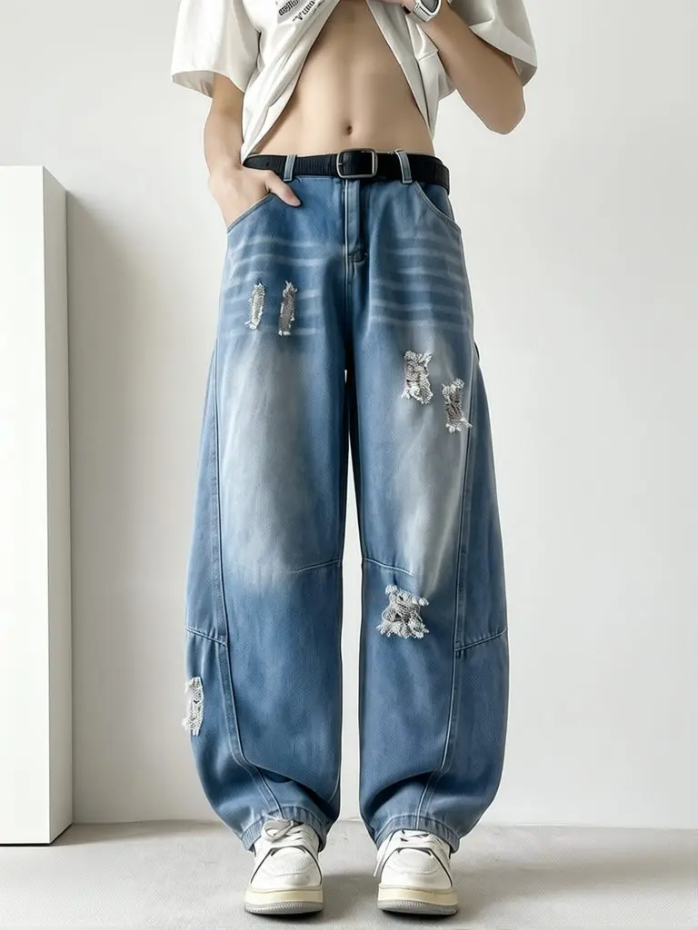 Vintage Washed  Ripped Hole Baggy Jeans Men Loose Straight Wide Curved Pants Streetwear Straight Denim Pants Long Trousers