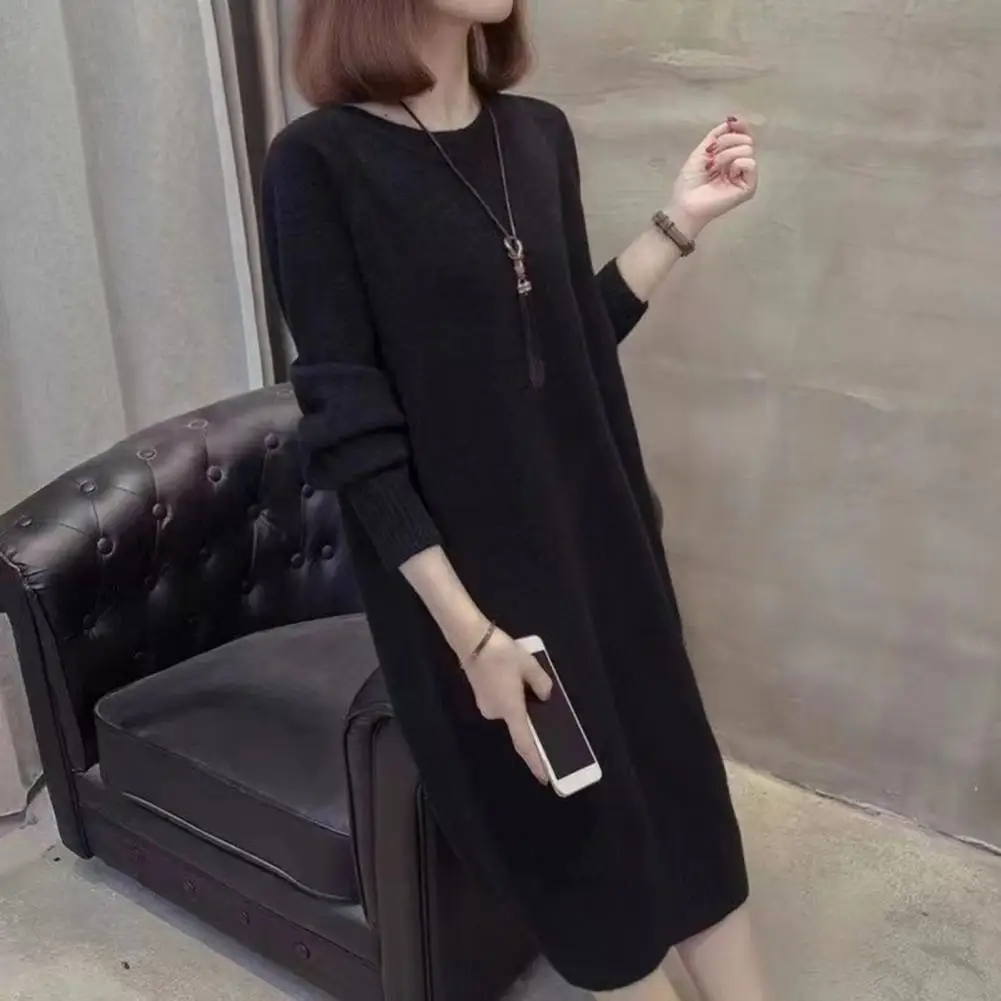 Basic Style Pullover Mid-calf Length Women Sweater Cozy Knitted Women's Sweater Dress Solid Color Long Sleeve Mid-calf for Fall