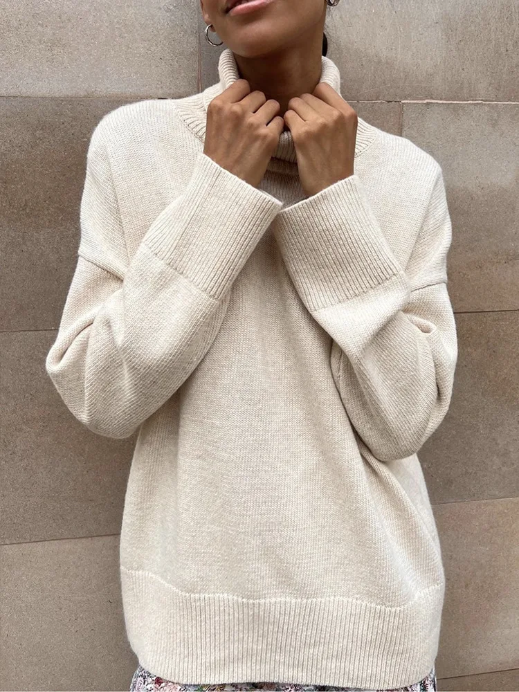 

Осень-зима, разноцветный теплый удобный топ с круглым вырезом и длинными рукавами, свободный вязаный свитер с высоким воротником, женская мода