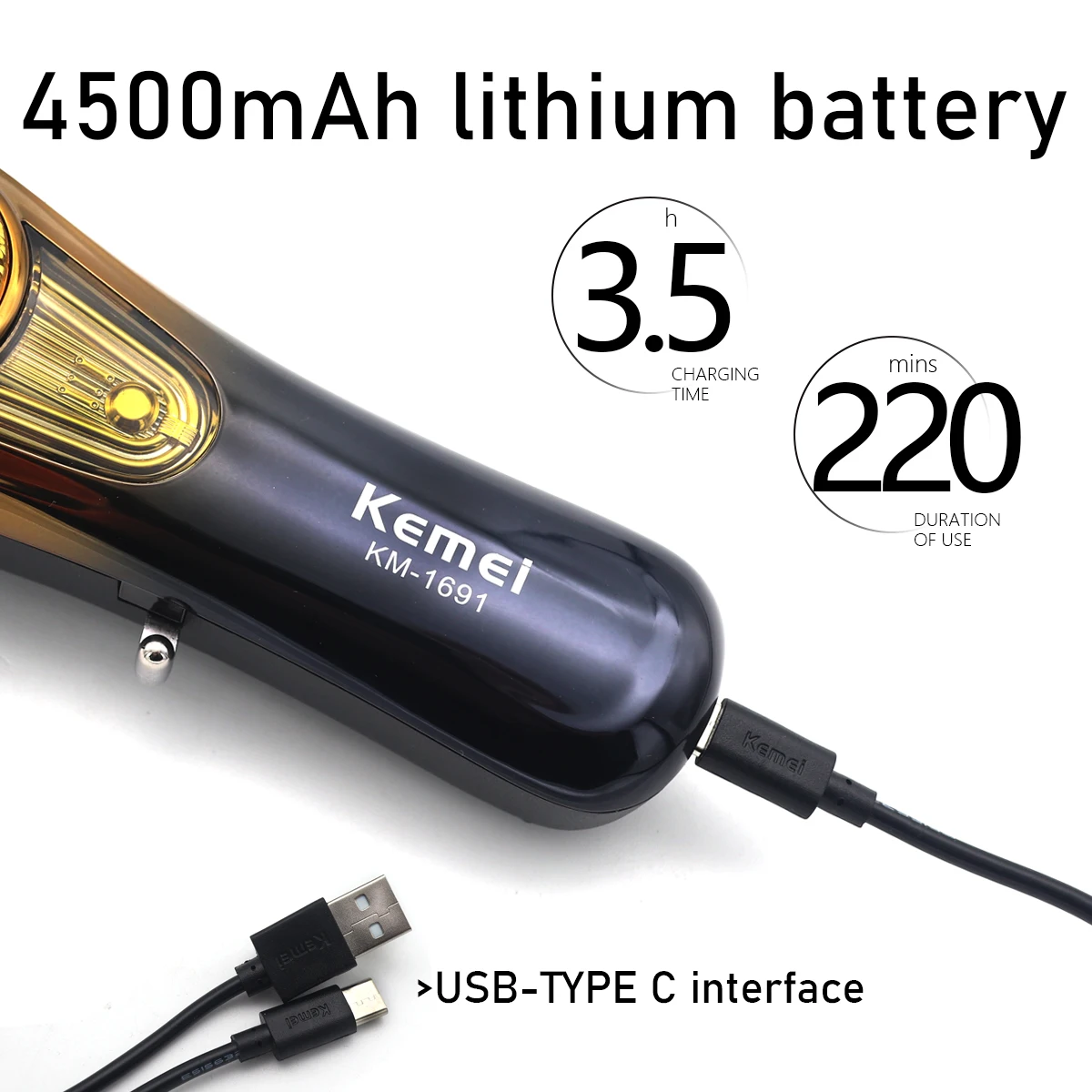 9000 دورة في الدقيقة 10 واط Kemei KM-1691 مقص الشعر المهنية للرجال LED عرض دوران تعديل آلة قطع الشعر الشعر المتقلب