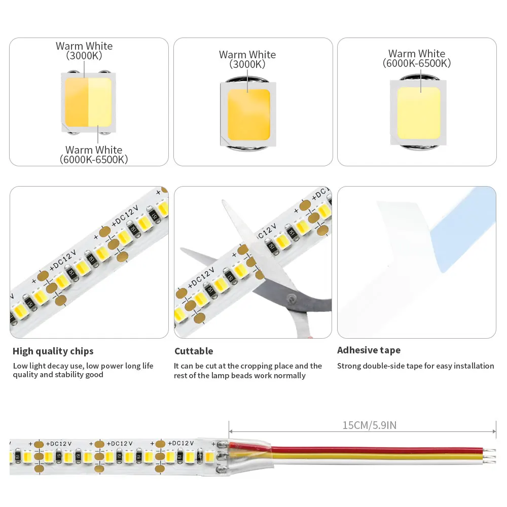 5M 2835 Dual Color LED Strip Light 120 180 240 336 LEDs/M 5MM 8MM 10MM 12MM Wide PCB Flexible CRI Dimmable CCT Bar Lamp DC12/24V