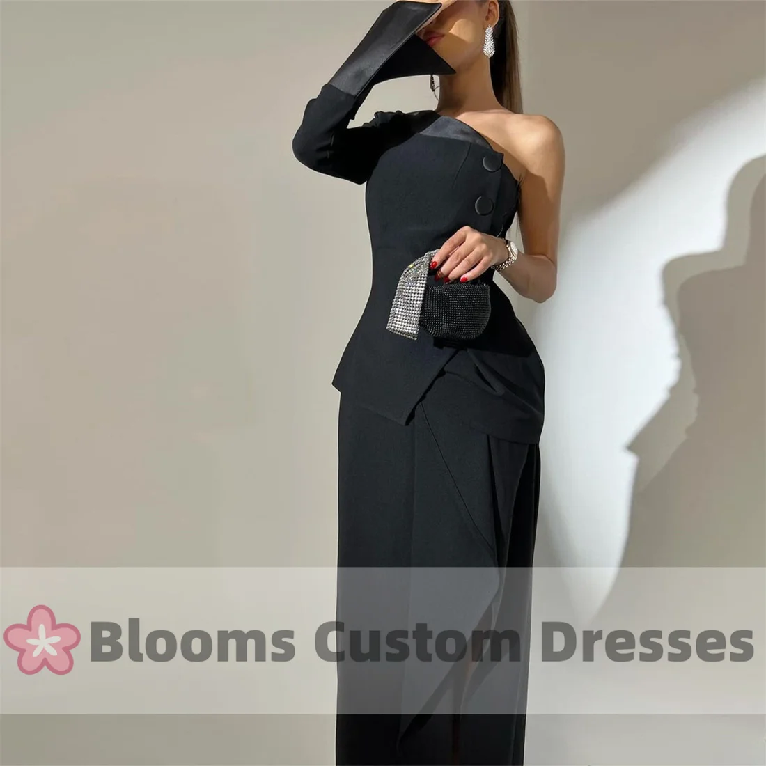 Blooms Customized One-shoulder Black Crepe Satin Prom Dresses For Special Occasion Buttons Modern Women Party Evening Dress