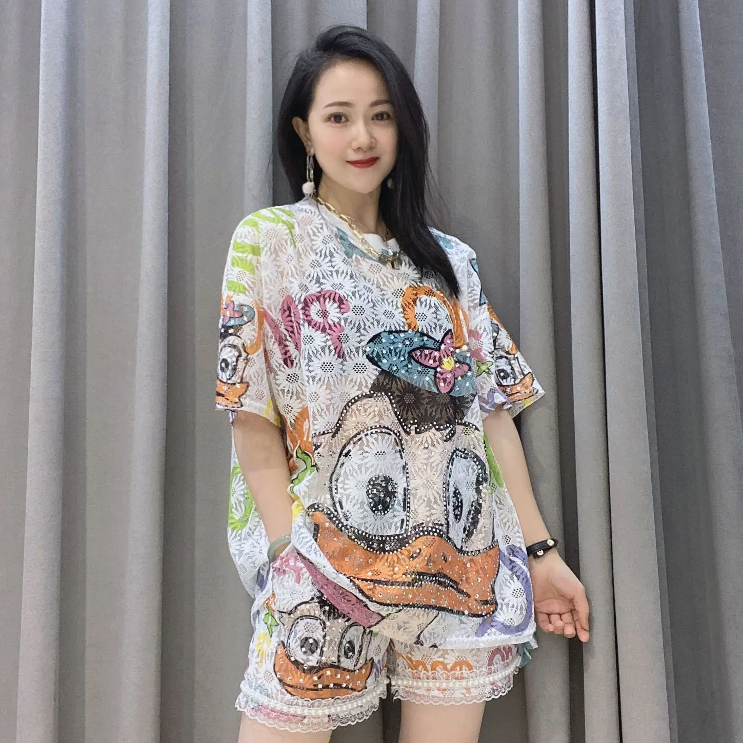 2023 Summer Clothing for Women Two Piece Sets Loose Cartoon Diamonds Tracksuit Perspective Lace Casual Knitting Tops and Shorts