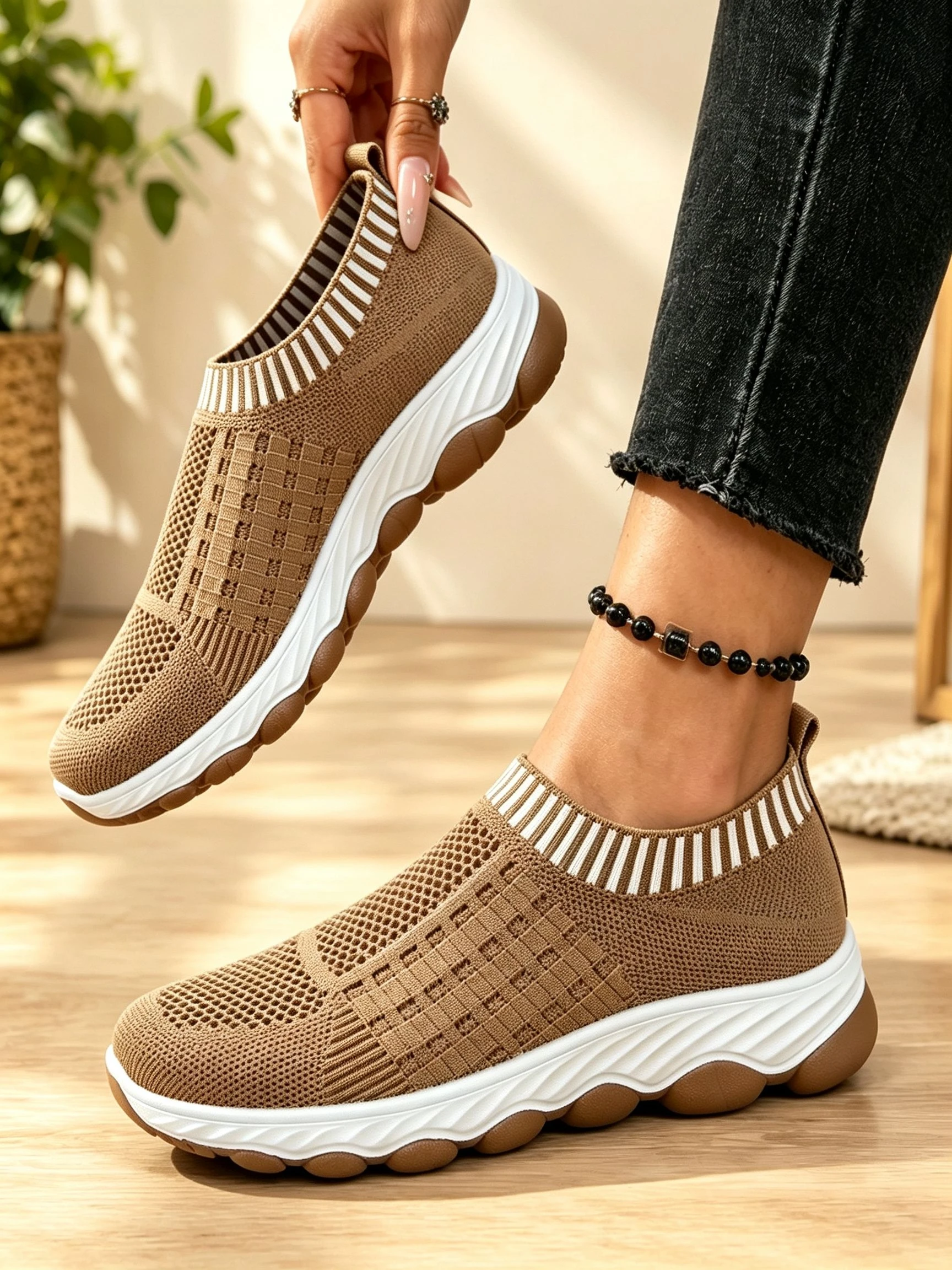 Frühling Herbst Damen Slip-On Strick-Wanderschuhe Atmungsaktives Mesh Rutschfeste Plattform Weiche Sohle Komfortable Orthopädische Freizeitsneaker – Detail 13