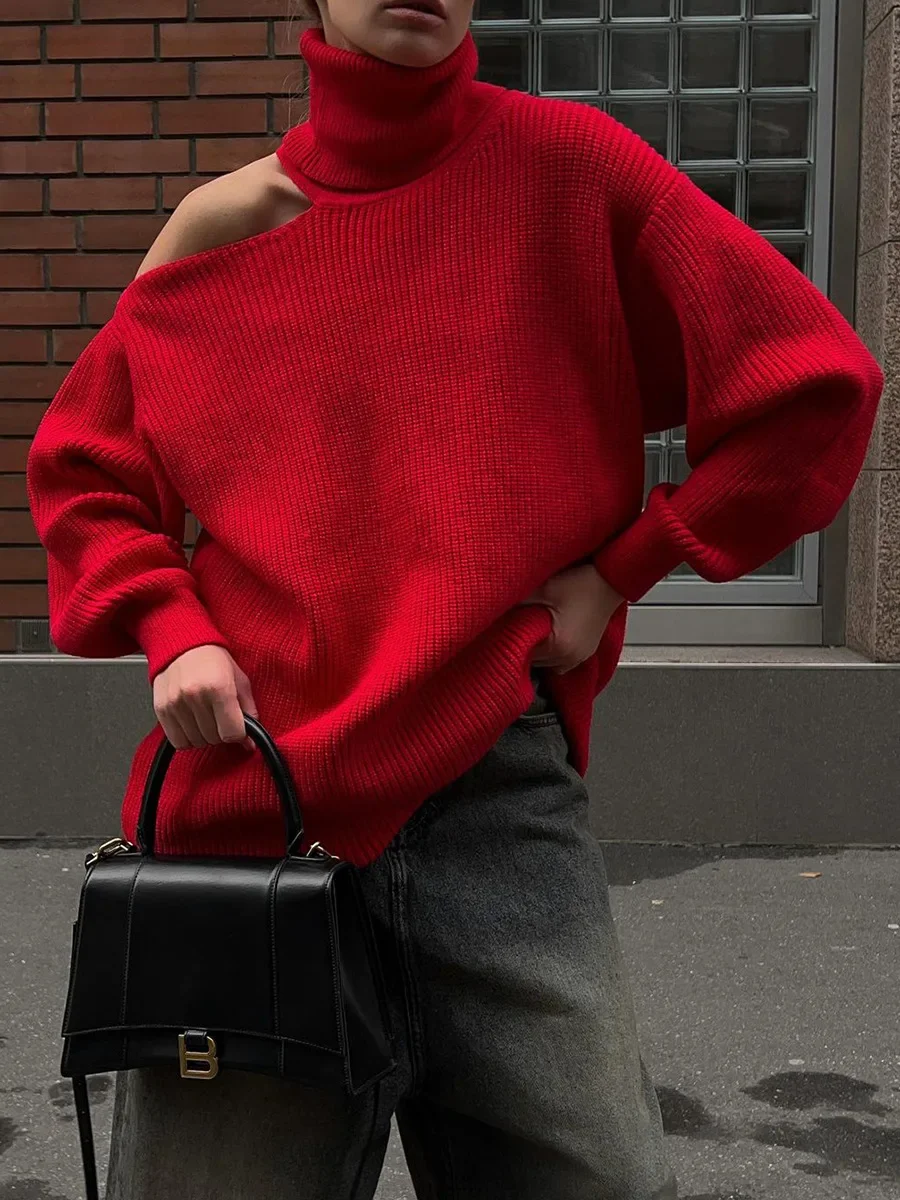 Neuer Damen-Rollkragenpullover mit Cut-Out-Schultern, Langarm, Gerippter Strick, Trendiger Lockerer Schnitt, Herbst-Winter-Modepullover