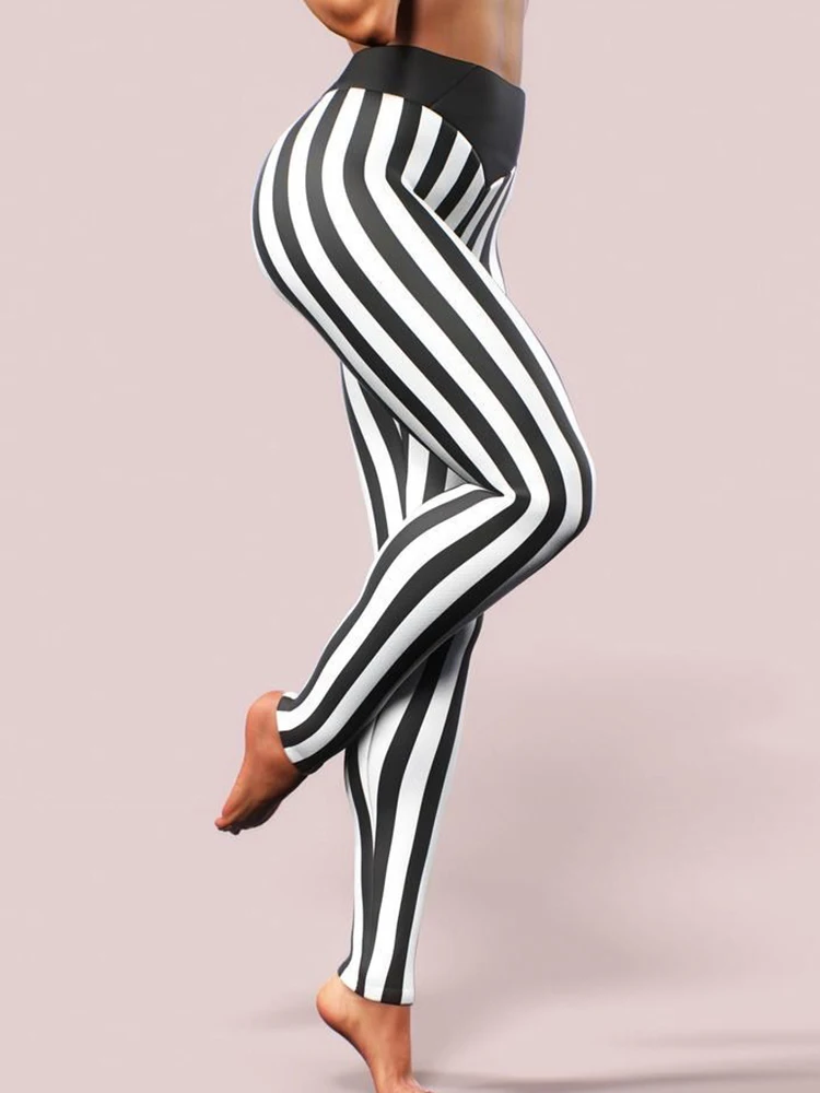 Leggings estampadas listradas de cintura alta feminina, calça lápis de treino, jeggings elásticos de ginástica, preto e branco, moda sexy