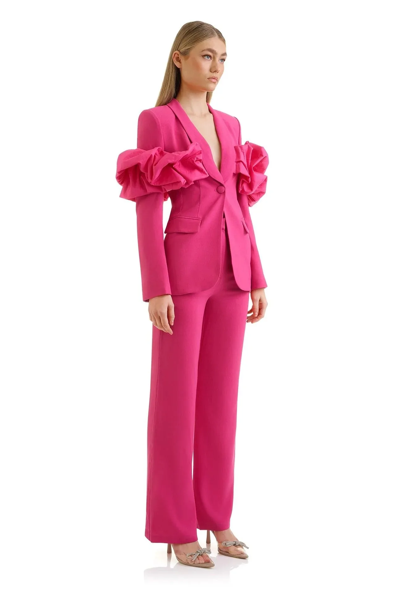 Vestidos de mujer, trajes elegantes con un botón, chaqueta con apliques y pantalones para mujer, traje de satén de 2 piezas personalizado W665