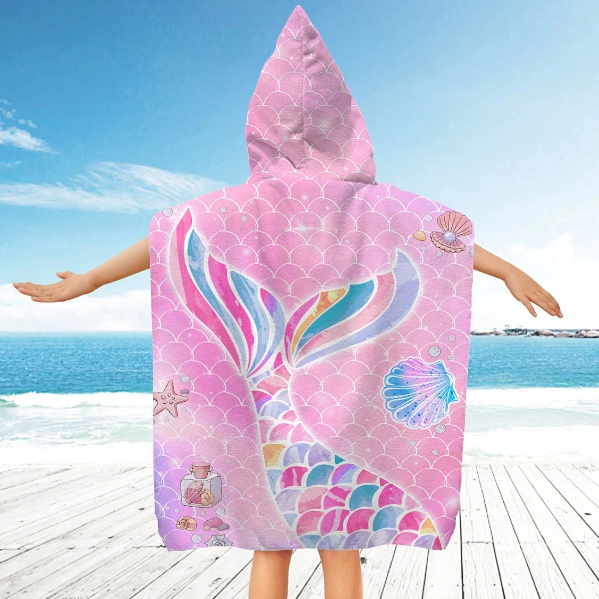 Pink&Purple Mermaid Tail Printed Bathrobe Soft Bathrobe Suit For Beach Pool Essentials for Seaside Camping Gift For Boy or Girl